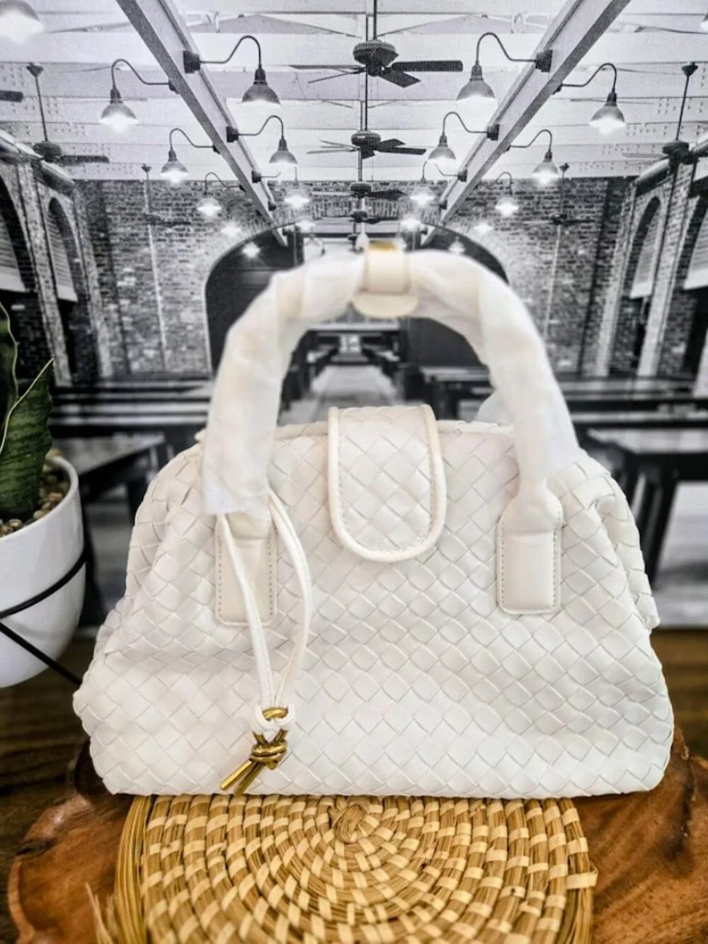 White Woven Intrecciato Style Satchel & Crossbody Bag, NEW